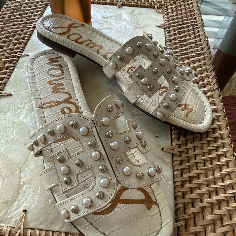 Sam Edelman Ivory Pearl & Stud Slip-On Sandals